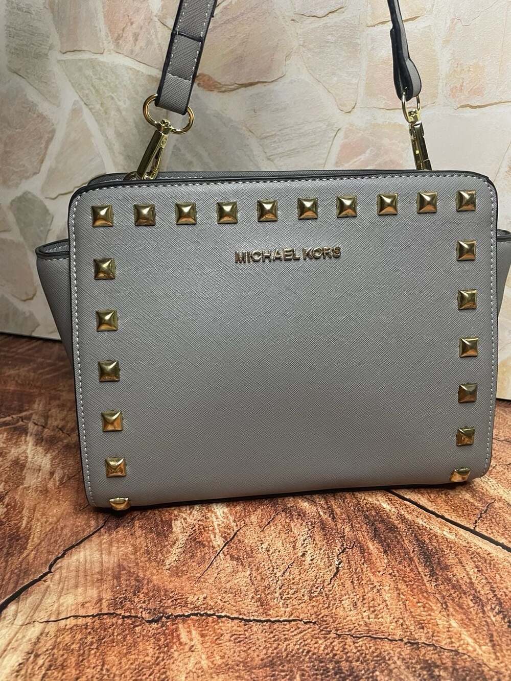 Michael Kors Selma Studded Saffiano Leather Grey Crossbody Bag